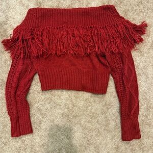 Chic Off-Shoulder Red Fringed Sweater
